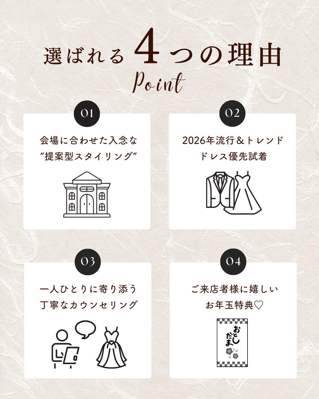 選ばれる４つの理由・Point・01：会場に合わせた入念な“提案型スタイリング”02：2026年流行＆トレンドドレス優先試着・03：一人ひとりに寄り添う丁寧なカウンセリング・04：ご来店者様に嬉しいお年玉特典♡